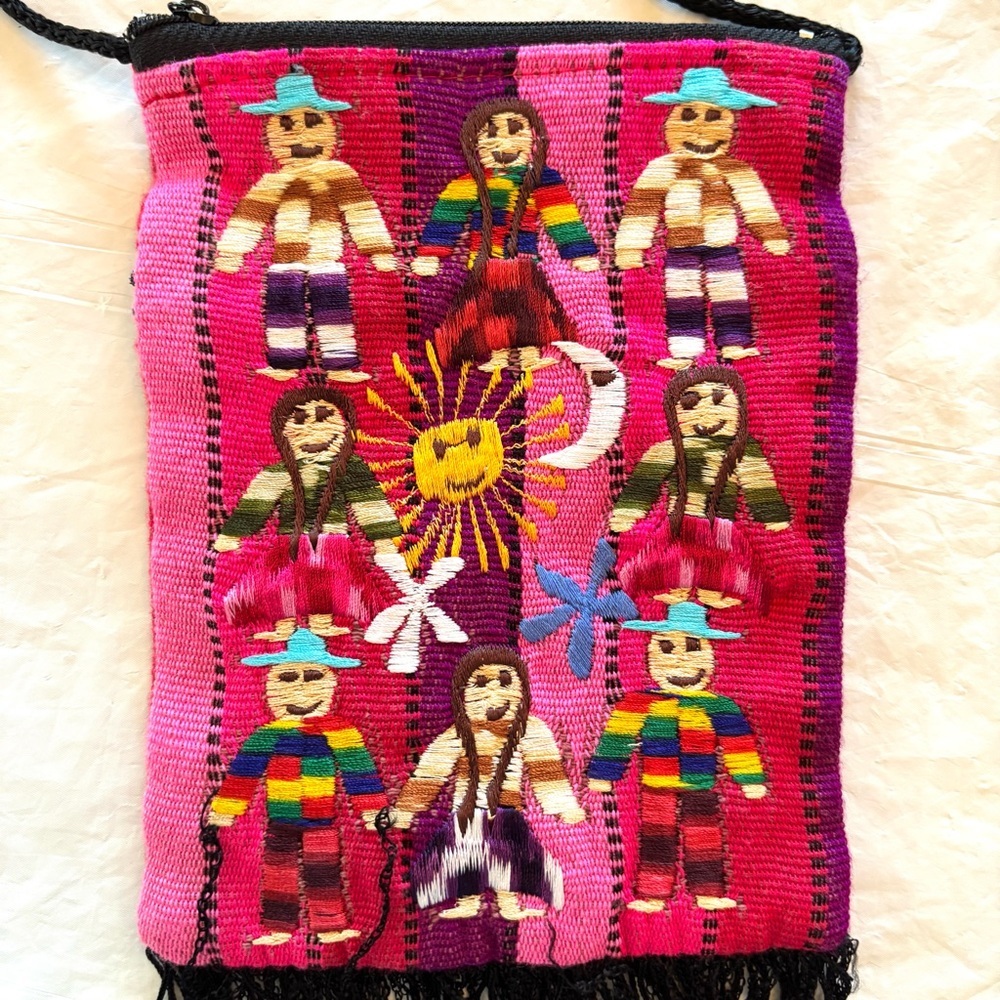 Vintage Crossbody worry dolls embroidered pink handmade in Peru. NWOT - Picture 7 of 11